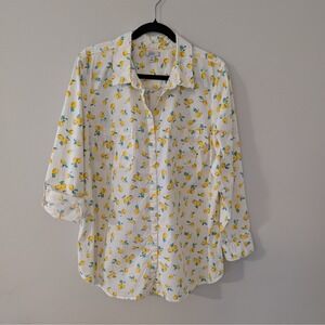 Lemon Print Button Up Novelty Top SIZE 2X Roll Tab Sleeve Summer Cotton Women